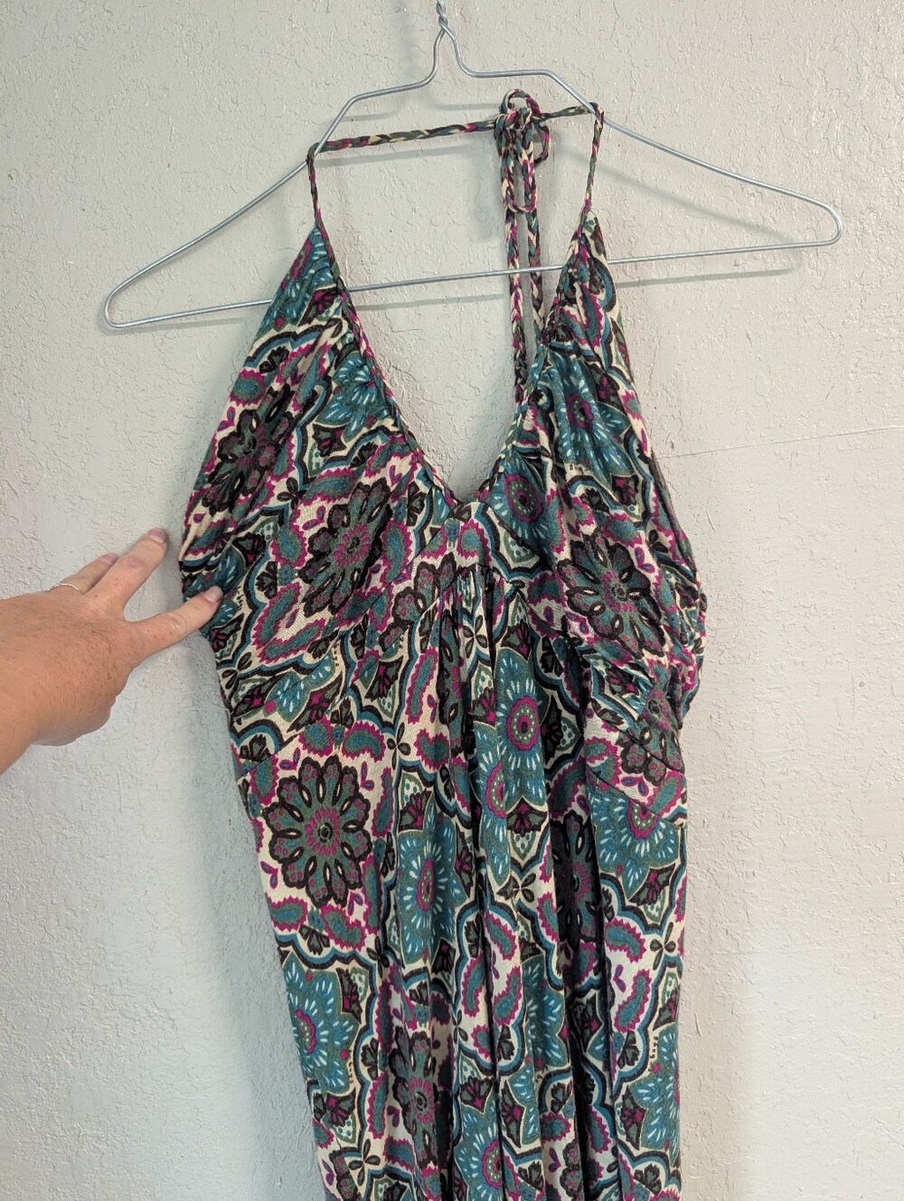 Boho Floral Halter Maxi Dress S Teal Pink Festival Hippie Roped Tie Adjustable